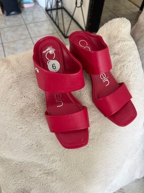 Calvin Klein Red Double-Band Square-Toe Slide Heels